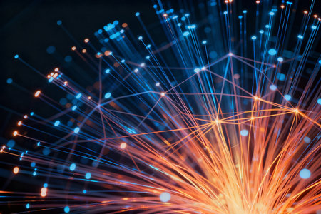 fiber optical network cable close-up with bokeh backgroundの素材