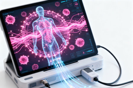 Digital composite of highlighted human body with 3D graphics and USB cableの素材