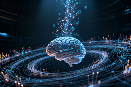 Digital human brain with glowing connections on dark background. Artificial intelligence concept. 3D Renderingの素材