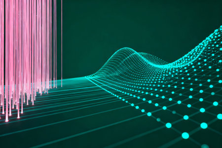 3d render of abstract digital wireframe landscape with glowing lines and dotsの素材