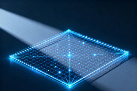 3d rendering of a blue triangle on a dark background with a beam of lightの素材