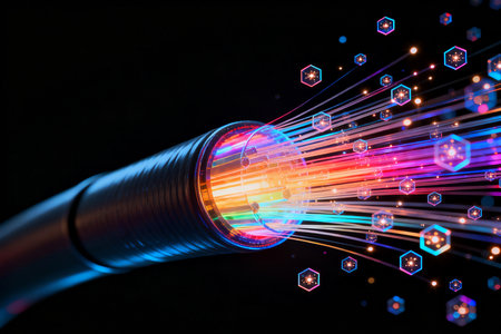 Fiber optical network cable close-up. 3d rendering toned imageの素材