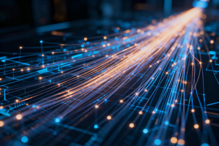 Abstract technology background with glowing lines and bokeh. 3D Renderingの素材