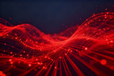 Abstract red wave with particles on dark background. 3d rendering.の素材