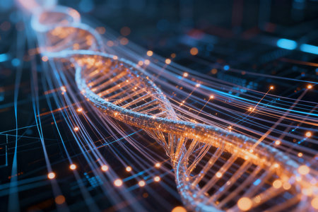 DNA strand on a dark background. 3d rendering toned image double exposureの素材