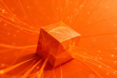 Abstract 3d rendering of an orange cube on a light orange backgroundの素材