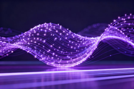 Futuristic technology wave background with glowing lines and bokehの素材