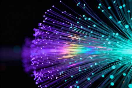 Fiber optical network cable close-up. Computer generated abstract background.の素材
