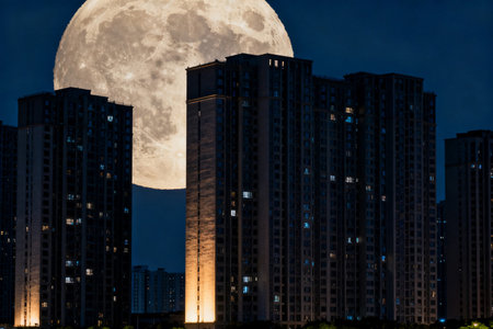 Night view of the moon over a big city with skyscrapersの素材