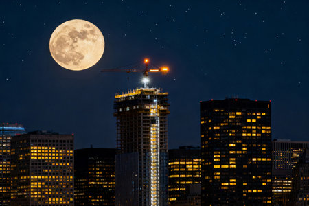 Cityscape of Boston at night with full moon and cranes.の素材