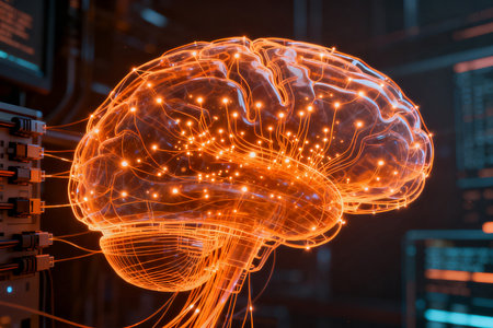 3d rendering of human brain with glowing lights inside server room backgroundの素材