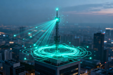 Telecommunication tower with network connections over the city at night, technology conceptの素材