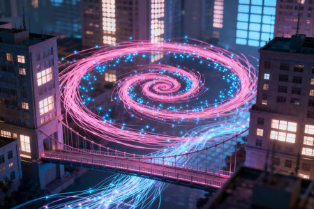 Spiral technology network over cityscape at night 3D renderingの素材