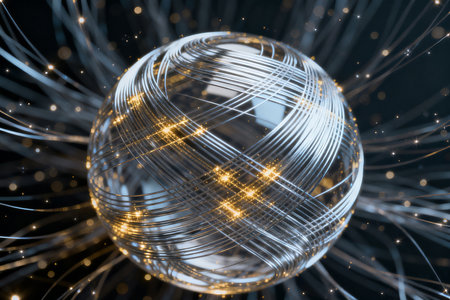 3D illustration of abstract background with wireframe sphere and light effectsの素材