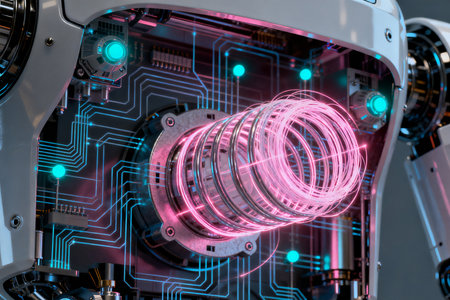 Industrial robot arm with circuit board in factory. 3D renderingの素材