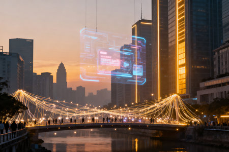 Hologram of network connection on the bridge over the river in the cityの素材