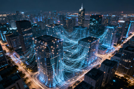 Cityscape of Chicago with high-rise buildings and wireless communication network.の素材