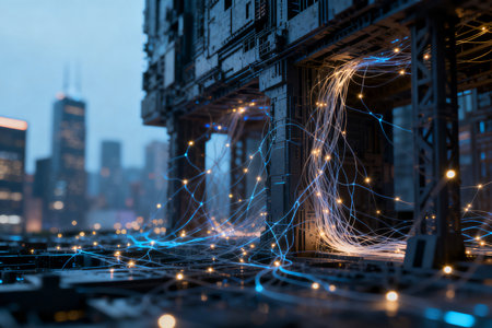 Electronic circuit board in the city at night. 3d renderingの素材