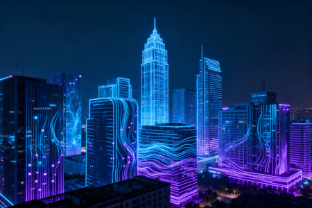 The night view of Kuala Lumpur, Malaysia. The skyscrapers are illuminated by glowing neon lights.の素材