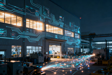 Industrial landscape with factory building at night. 3d rendering.の素材