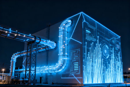 Blue light painting on industrial building at night. Technology and innovation concept.の素材
