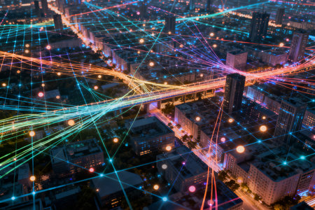 Network connection over the city at night, technology concept. 3d renderingの素材
