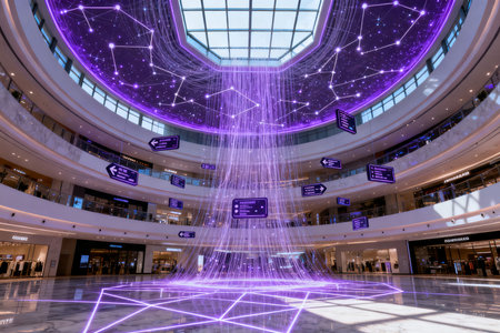 3D rendering of a futuristic interior of a shopping mall with ultraviolet lightsの素材