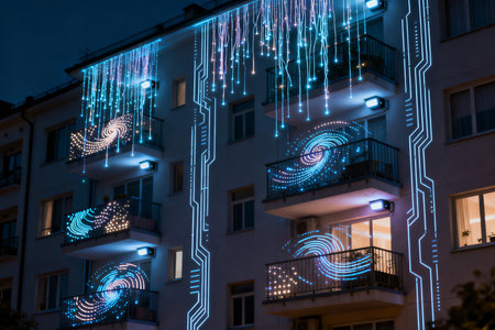 Neon lights on a building in Prague, Czech Republic. Night photo.の素材