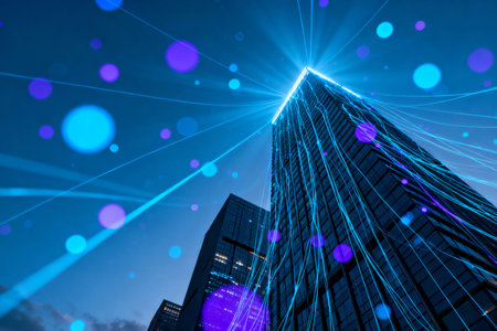 Double exposure of technology theme hologram and cityscape background. Concept of Hightech.の素材