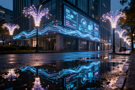 Fireworks in the city at night with reflection on the wet roadの素材