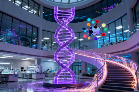 3d rendering DNA molecule structure in modern office interior, science and medical conceptの素材