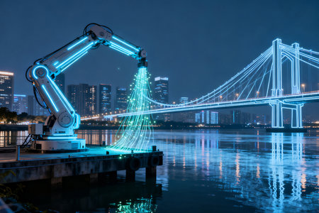 Industrial robot arm working on a bridge over the river at nightの素材