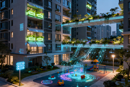 Hologram of childrens playground in the city at night. 3d renderingの素材