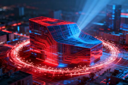 3D illustration of a futuristic city at night with neon lights.の素材