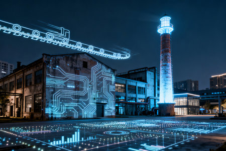 Futuristic industrial building at night with hologram of circuit boardの素材
