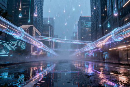 Abstract technology background with high tech glowing lines and buildings. 3d renderingの素材