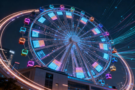 Ferris wheel at amusement park in the evening. Long exposure.の素材