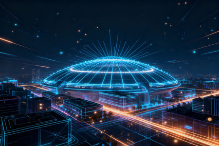 Futuristic city at night with neon lights, 3D renderingの素材