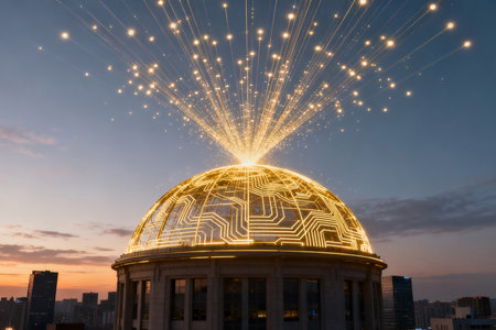 Circuit board sphere and cityscape at sunset, technology and science conceptの素材