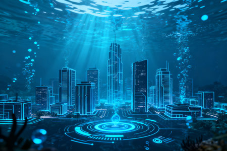 Futuristic city concept with digital hologram. Technology and innovation conceptの素材