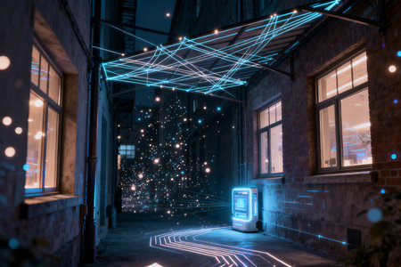 Abstract neon lights on the street. 3d rendering toned image double exposureの素材