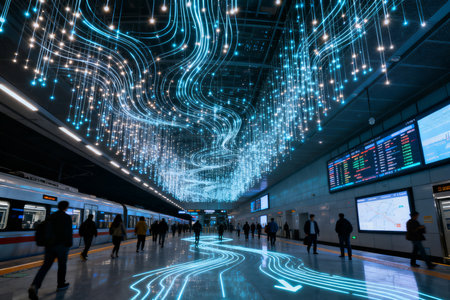 High speed train on railway station with world map and people background.の素材