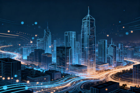 Abstract night city with light trails and glowing lights. Business concept. 3D Renderingの素材