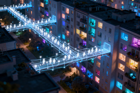 Aerial view of modern city at night with neon lights. 3D renderingの素材