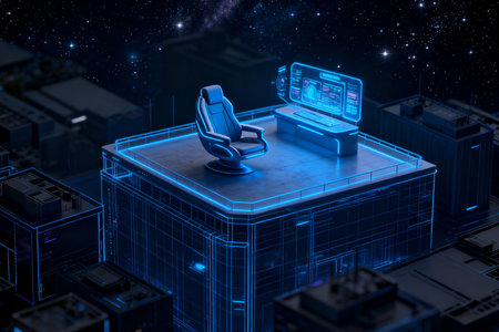 3D rendering of an office chair in front of a skyscraperの素材