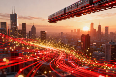 Highway and train over the city at sunset, 3d renderingの素材