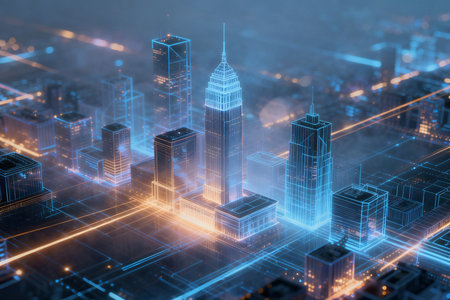 Abstract blue city with glowing buildings and lights. 3D Renderingの素材