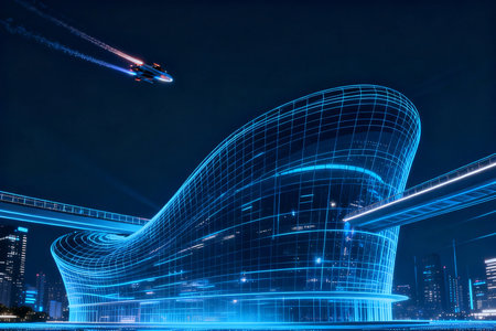 Abstract background of the night city and high-speed train in the skyの素材