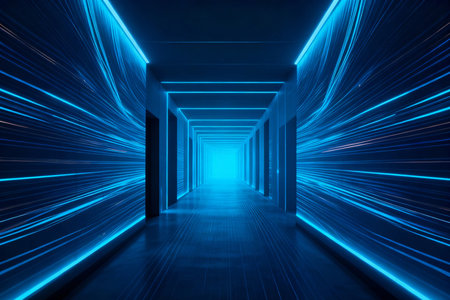 Abstract futuristic corridor with blue light rays. 3D Rendering.の素材