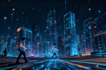 Conceptual image of business people walking on the road with cityscape backgroundの素材